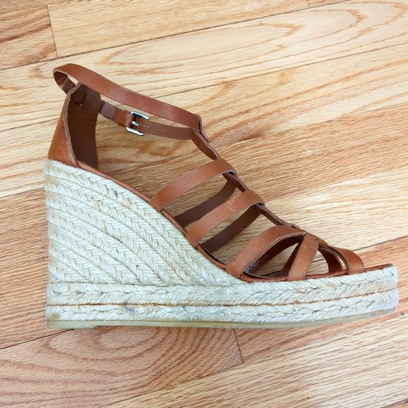 Coach Shoes - Coach Cognac Brown Leather Caged T-Strap Espadrille Wedge Strappy Sandals Brown